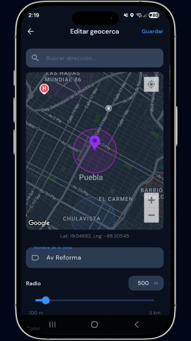 Editar una zona de reparto en SYA Tortillerías: nombre de la zona y radio ajustable de 100 m a 5 km sobre el mapa real