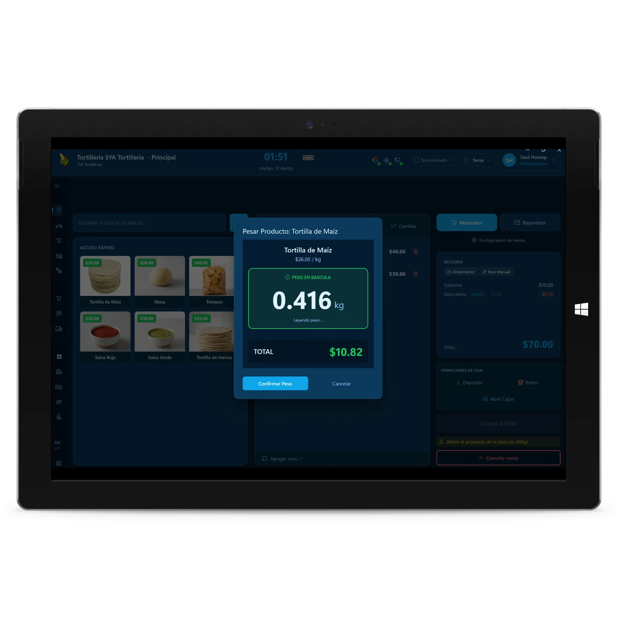 SYA Tortillerías POS con báscula digital - Pesando Tortilla de Maíz 0.416kg en tiempo real
