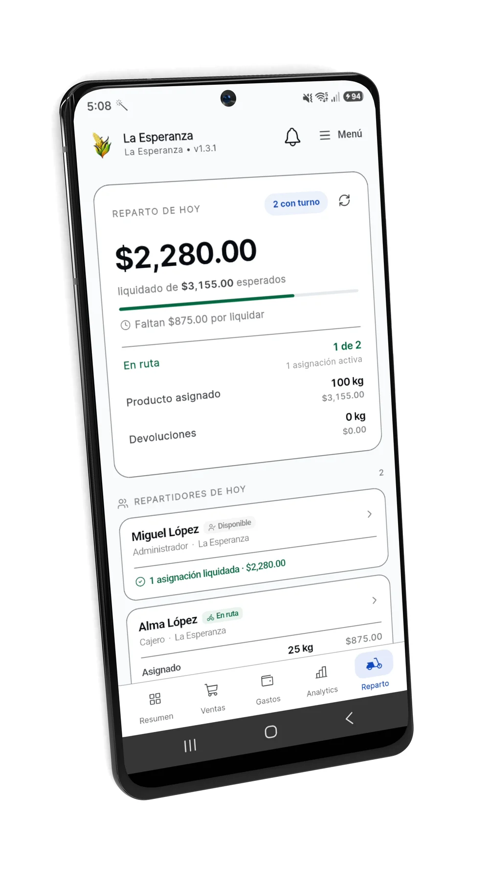 Reparto de hoy en SYA para Android: $2,280.00 liquidados de $3,155.00 esperados, $875.00 pendientes y un repartidor en ruta
