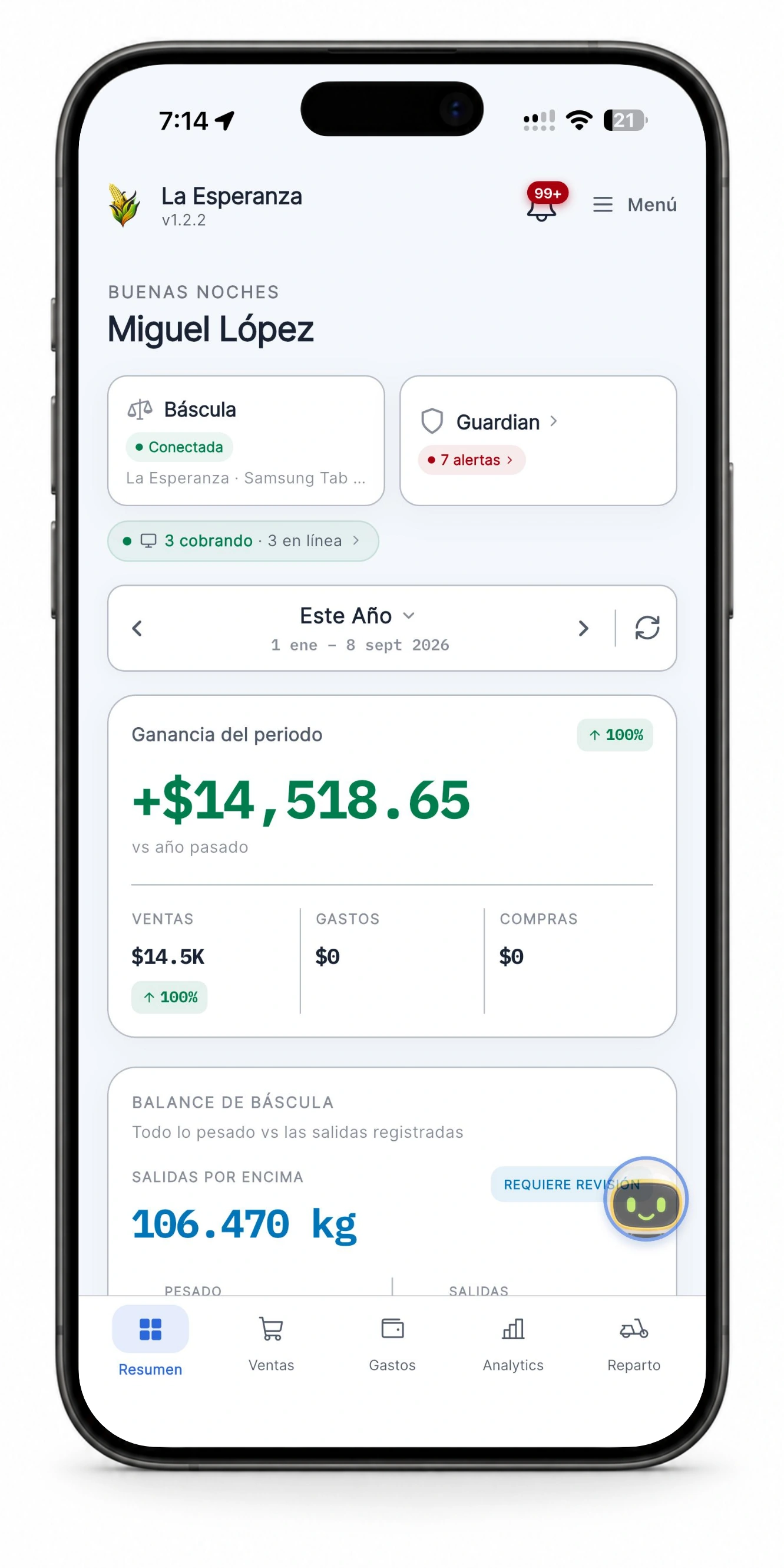 SYA en iPhone: resumen anual de La Esperanza, báscula conectada, tres cajas cobrando y ganancia del periodo de $14,518.65