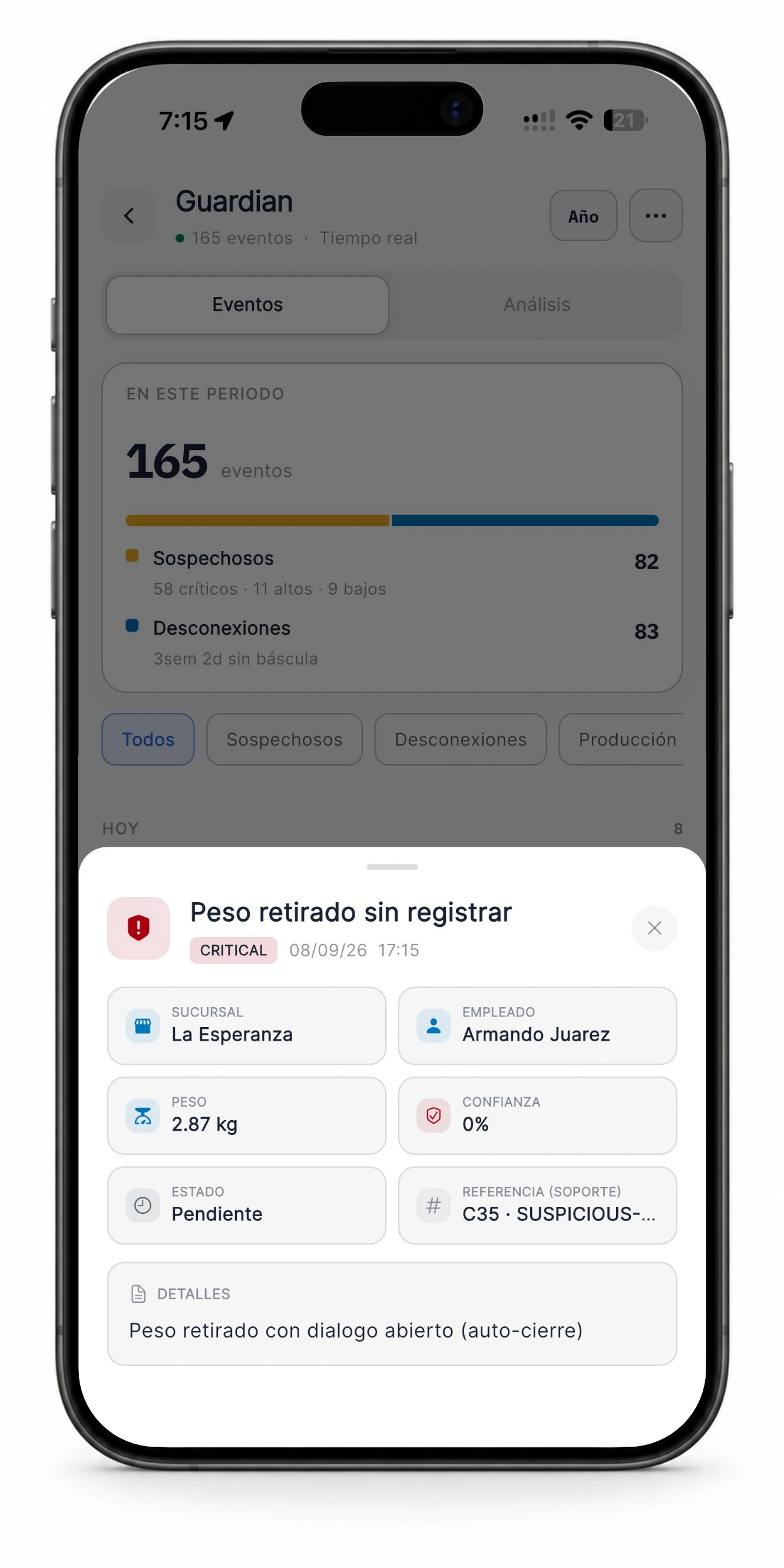 Guardian en iPhone: detalle de un evento de peso retirado sin registrar, 2.87 kg, con sucursal, empleado, fecha y estado pendiente