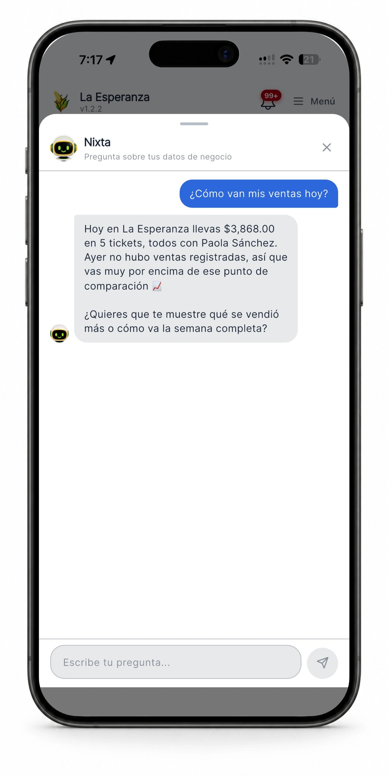 Nixta en iPhone responde cómo van las ventas de hoy: $3,868.00 en cinco tickets y comparación con el día anterior