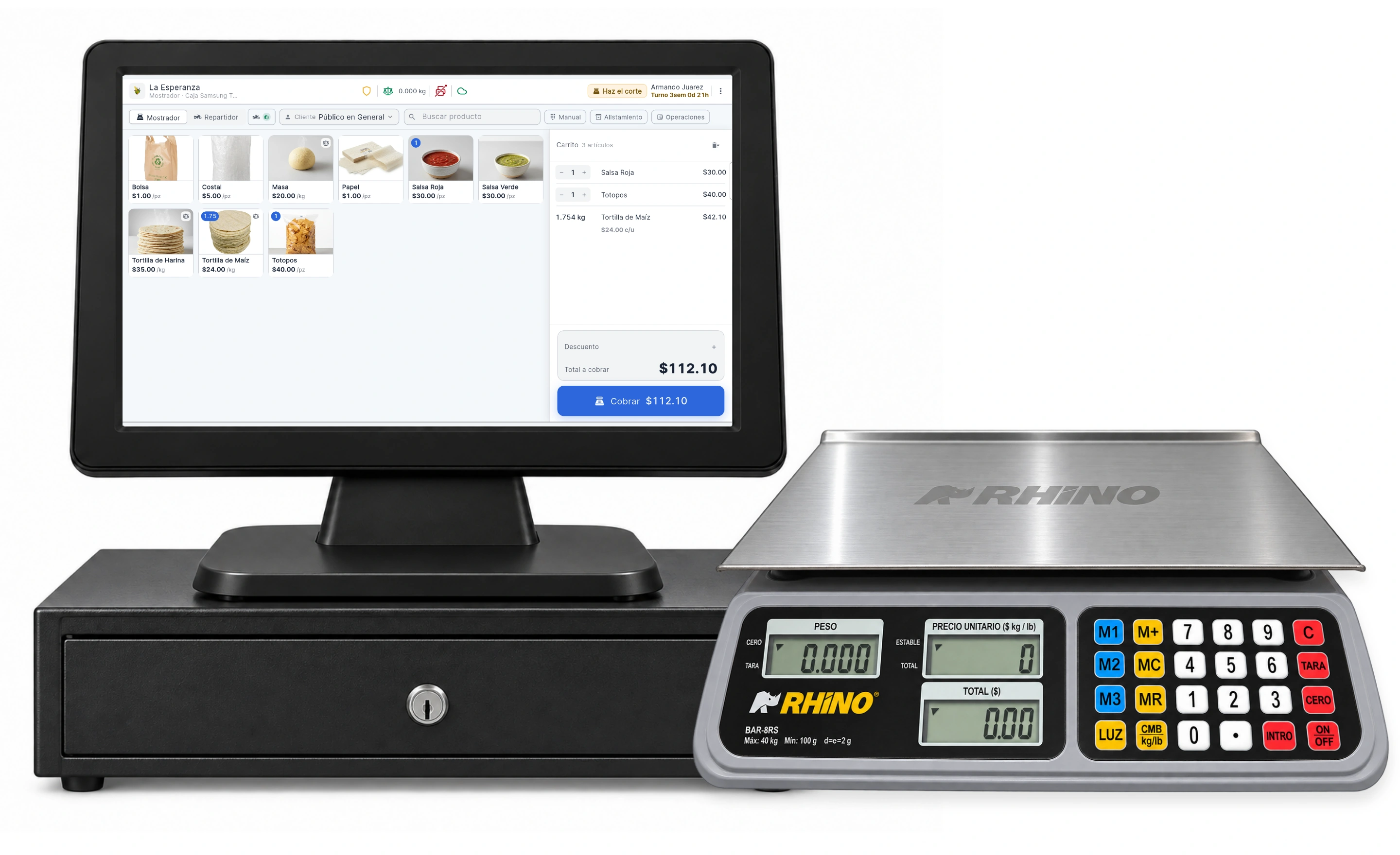 SYA Tortillerías en Android: tortilla, salsa y totopos en el carrito y total de $112.10, en un POS táctil genérico sobre cajón de dinero, junto a una báscula Rhino