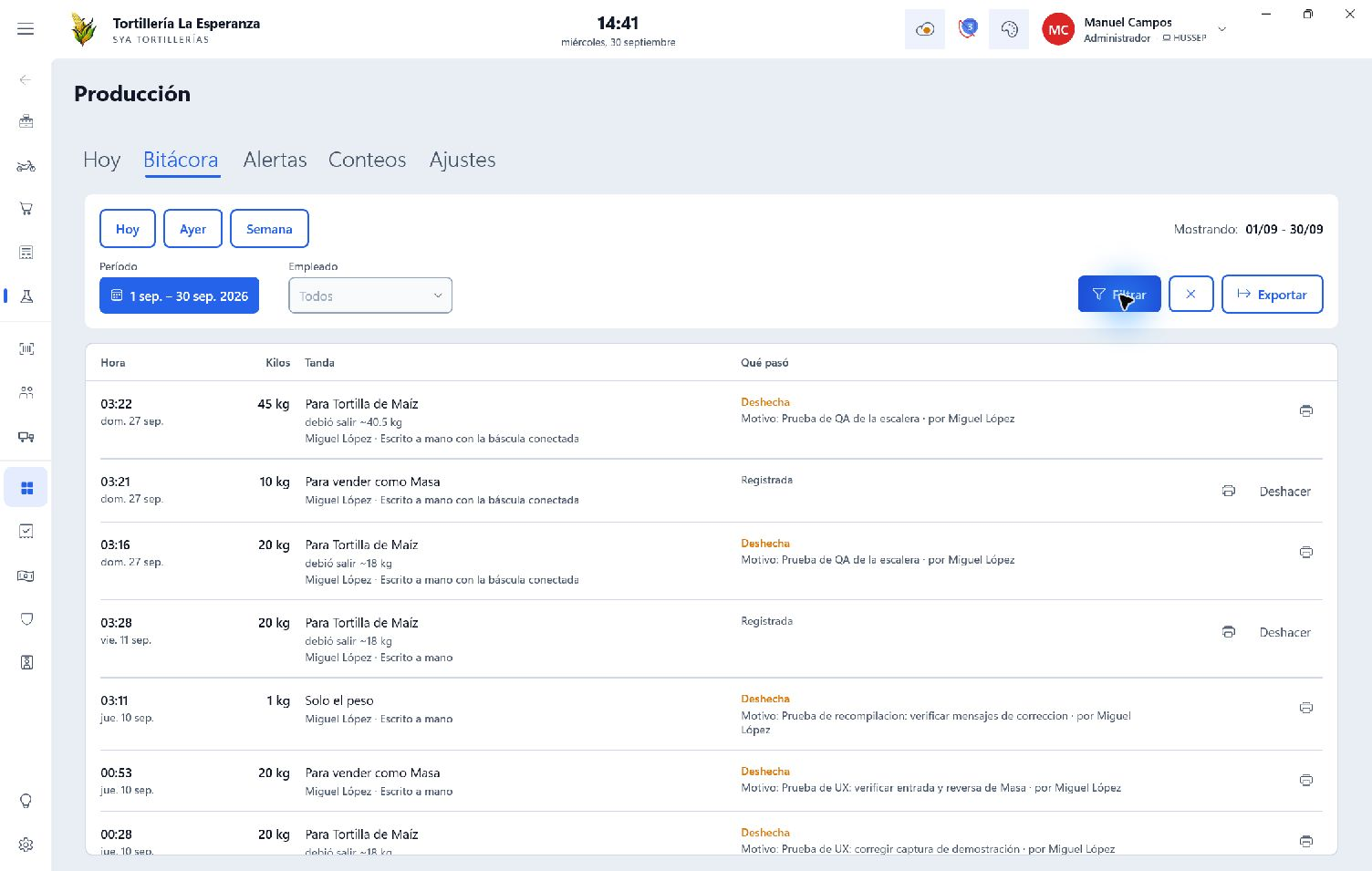 Bitácora de producción de SYA en Windows: kilos de masa por tanda, empleado y registro de correcciones