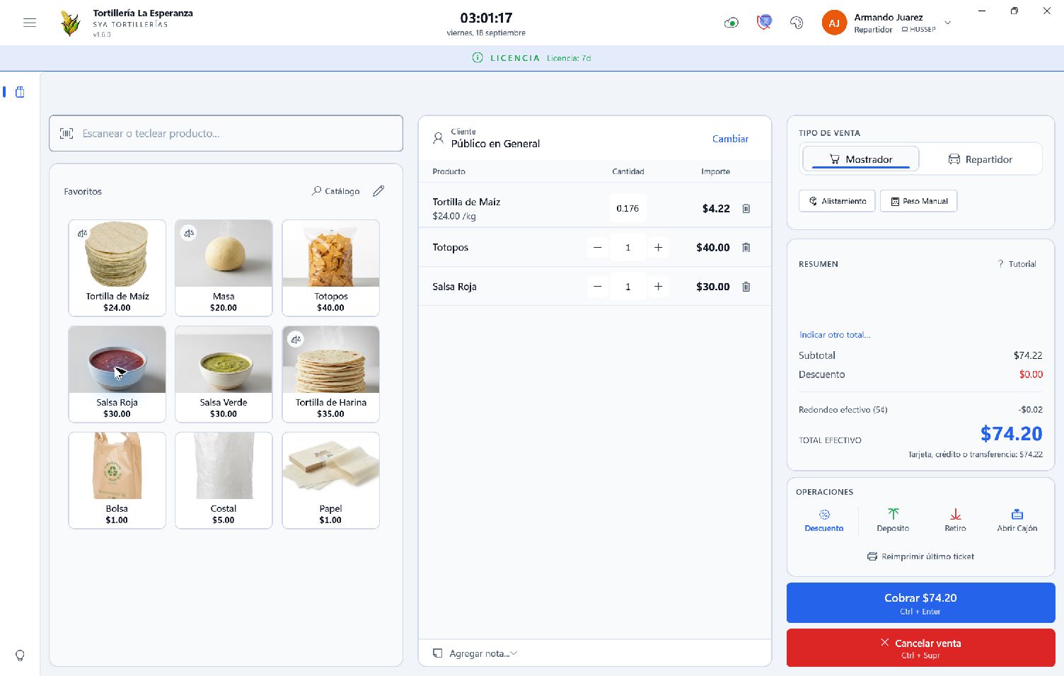 Punto de venta SYA para Windows: catálogo con fotos y carrito de tortilla, totopos y salsa, con peso recibido de una báscula